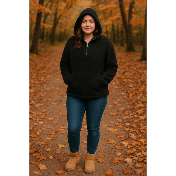 H&M Black Sherpa Half Zip Hoodie Pullover Fleece Jacket Large Cozy Warm - Picture 1 of 8